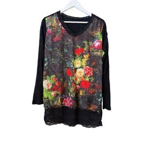 Philipp Plein Floral Print Long Sleeve Lace Tunic Dress Black Crochet Details Me
